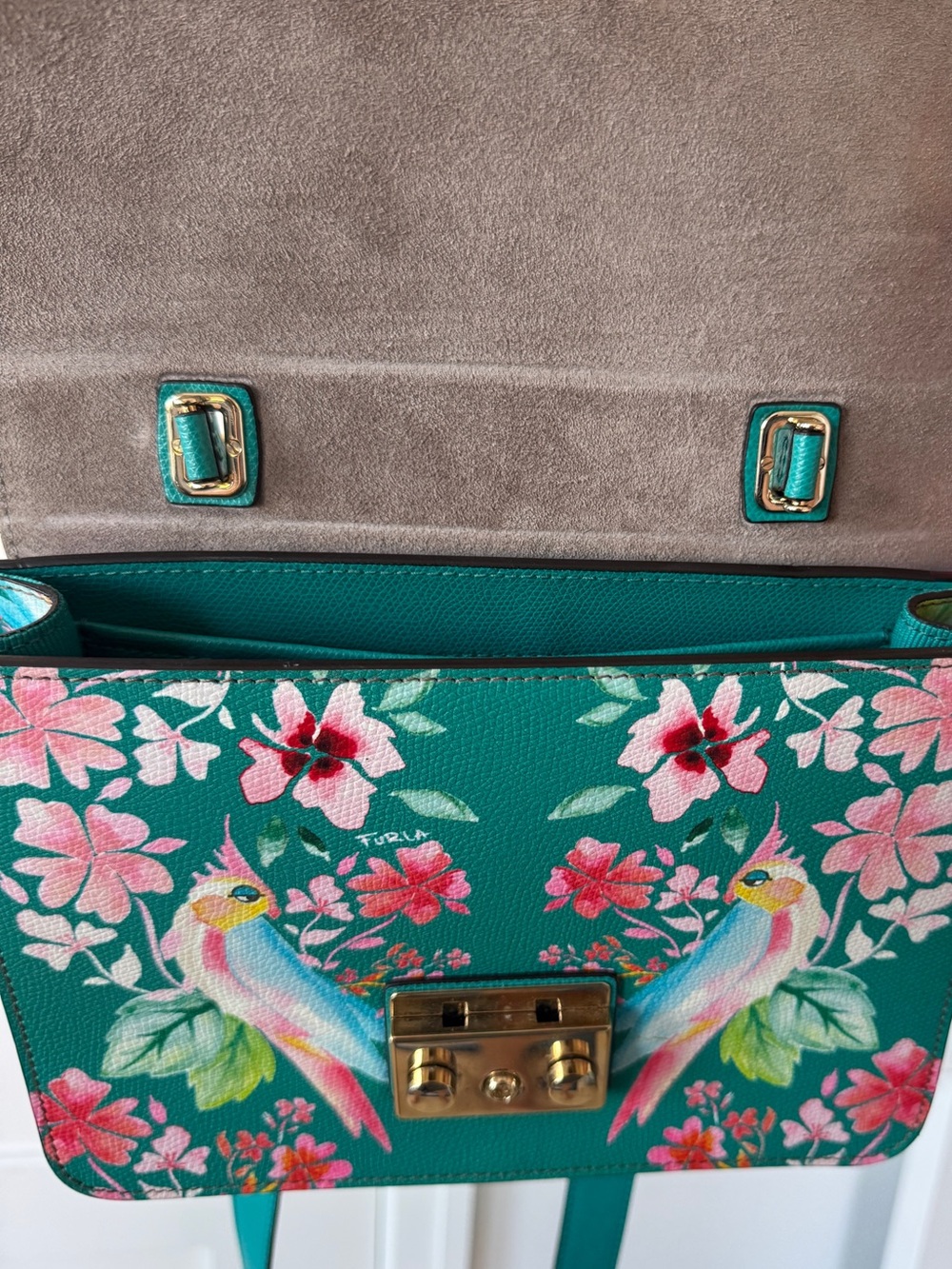 Furla Teal Floral Crossbody Satchel with Gold Hardware - Picture 5 of 7